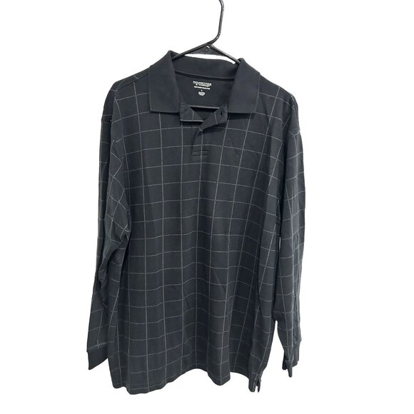 Roundtree & Yorke Silky Finish Black Checked Long-Sleeve Polo Shirt Sz L - Picture 1 of 8